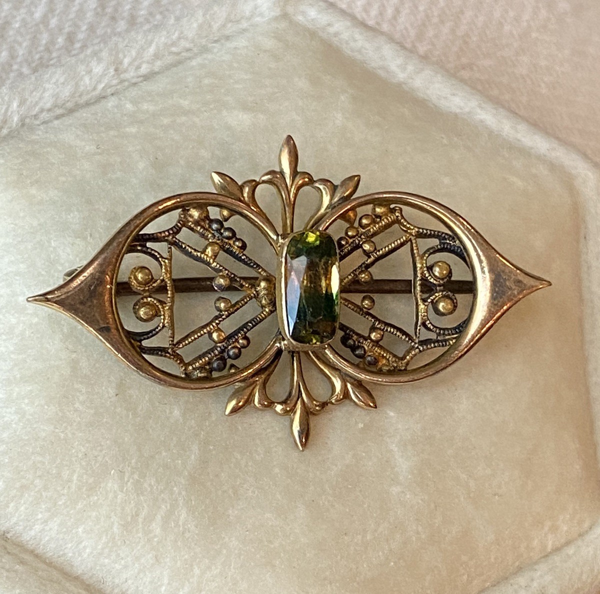 Antique Nouveau GF Rare Tri-colored Green Stone C-Clasp Brooch Pin Mourning