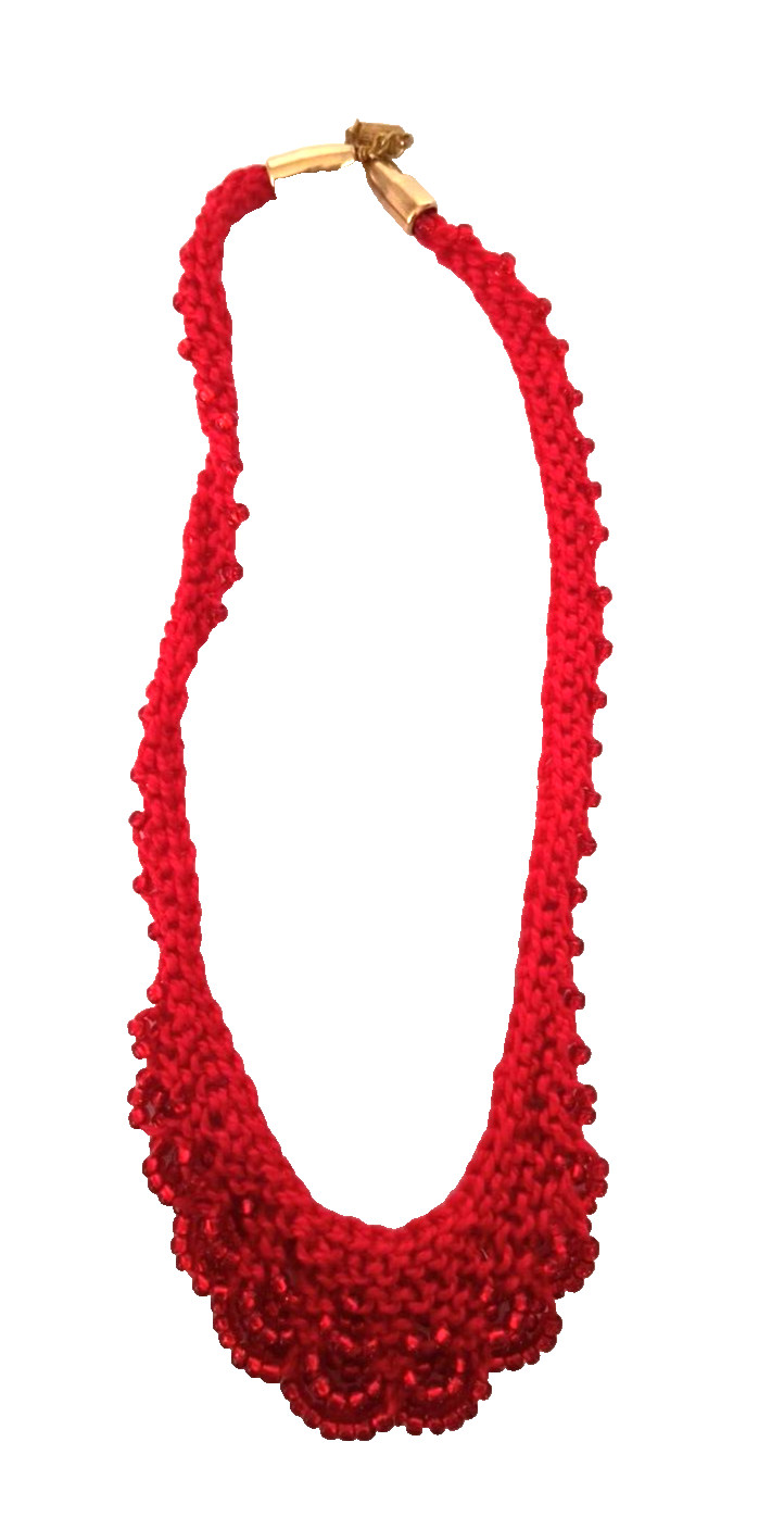 Boho Women’s Choker Style Necklace Red Crocheted Seed Beads Barrel Clasp