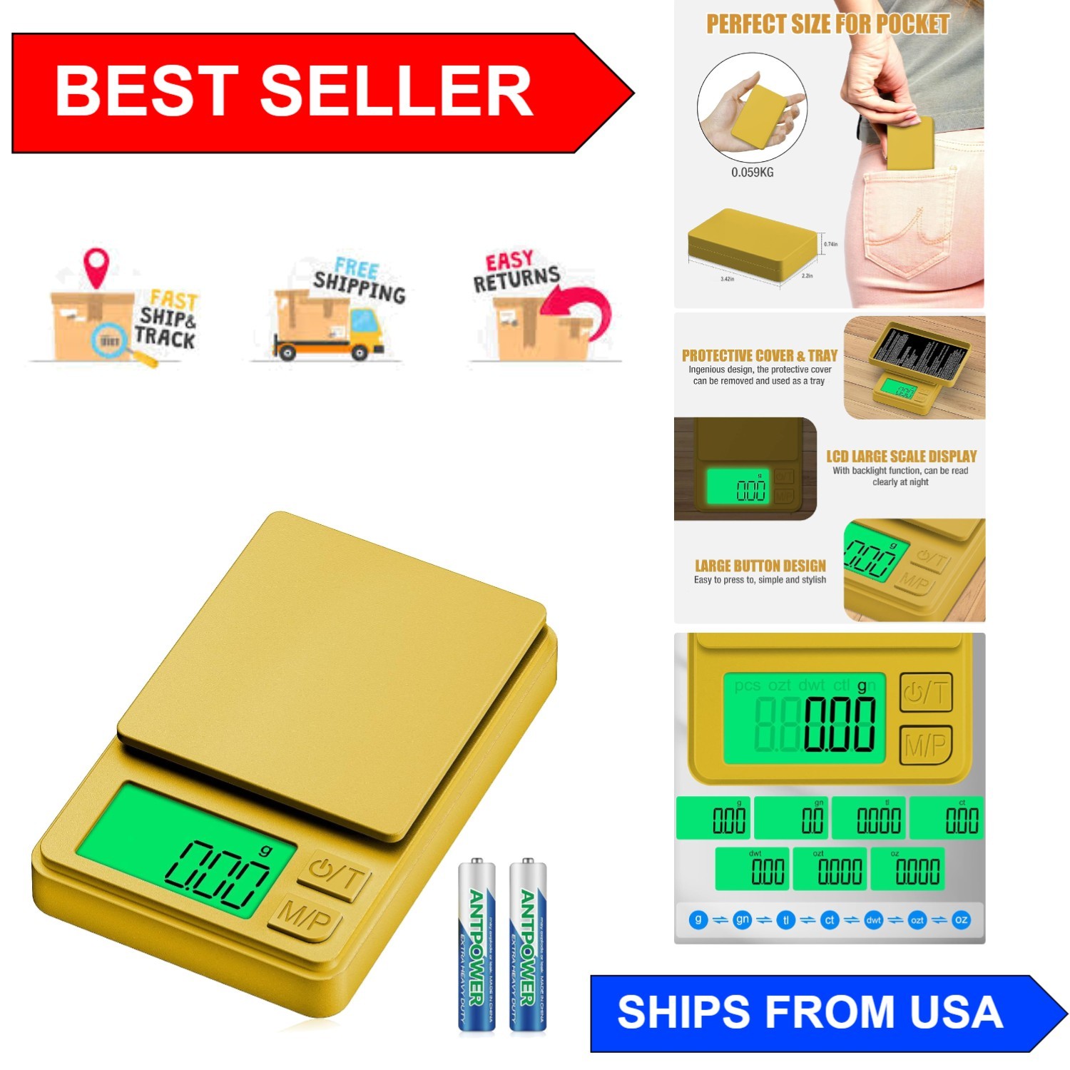 Gold Pocket Scale with Tare Function, Backlit LCD, and 7 Units – 1000g Capacity