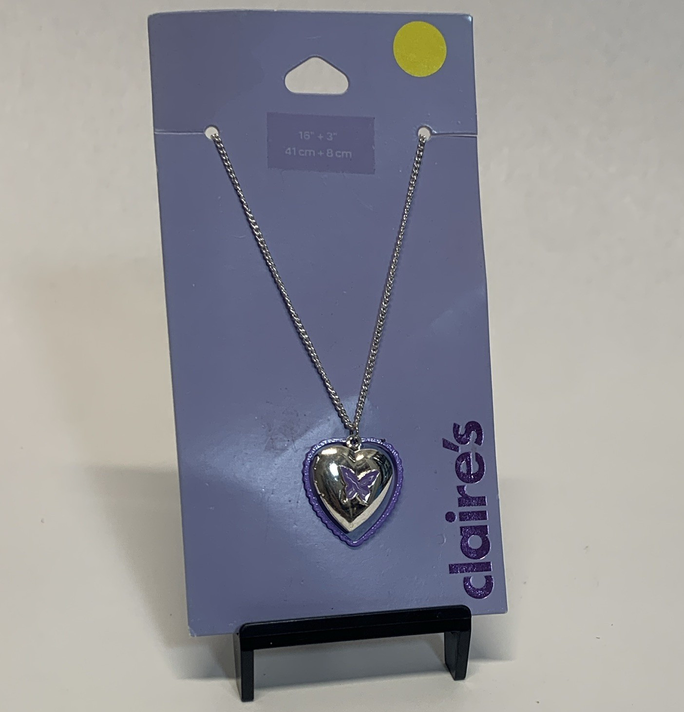 Claire’s Silver Tone Heart Locket Necklace Purple Crystal Butterfly 16 in