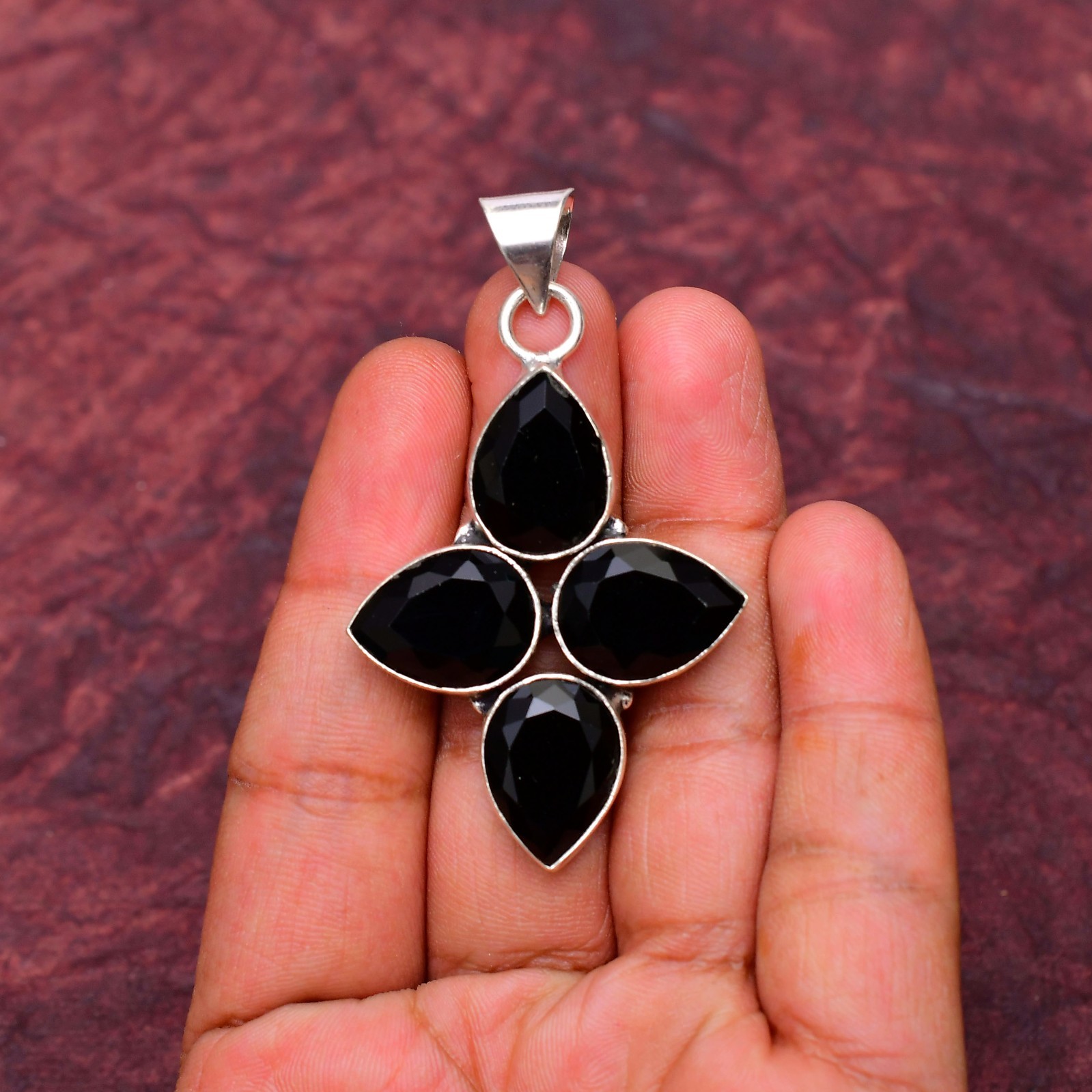 Black Onyx Gemstone 925 sterling silver Handmade Cross Pendant jewelry 2.28″
