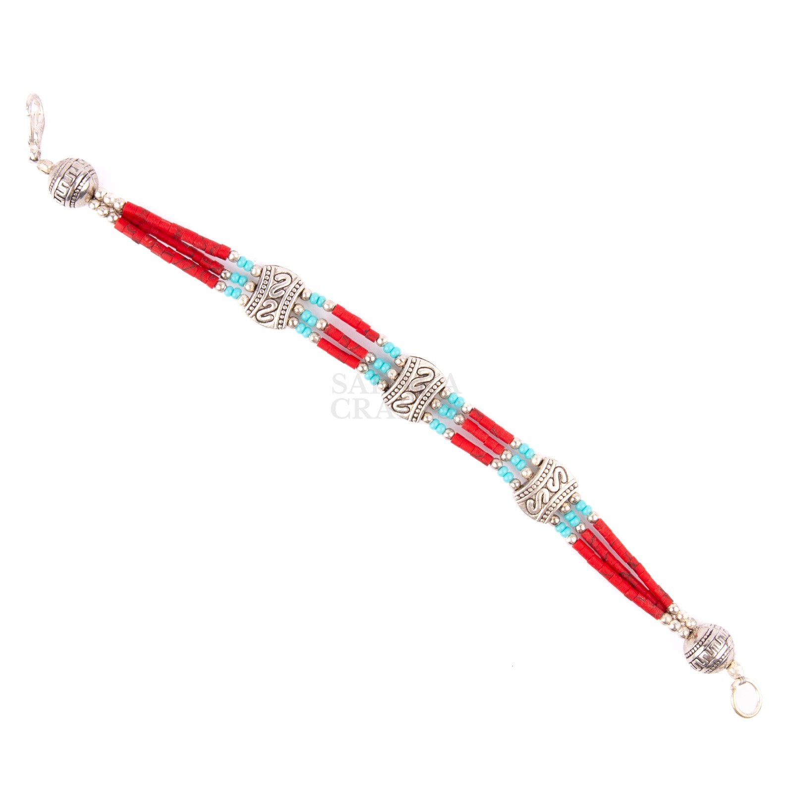Tibetan Bracelet, Turquoise Red Coral Beads, Traditional Tibetan Bead Jewelry