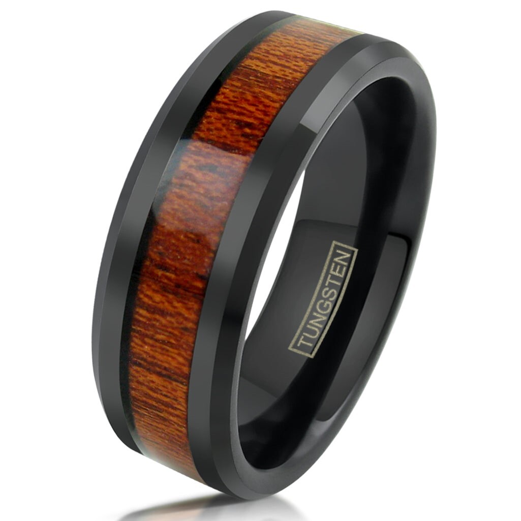 Black Tungsten Men’s Brown Wood Grain Stripe Band Ring Size 9-13