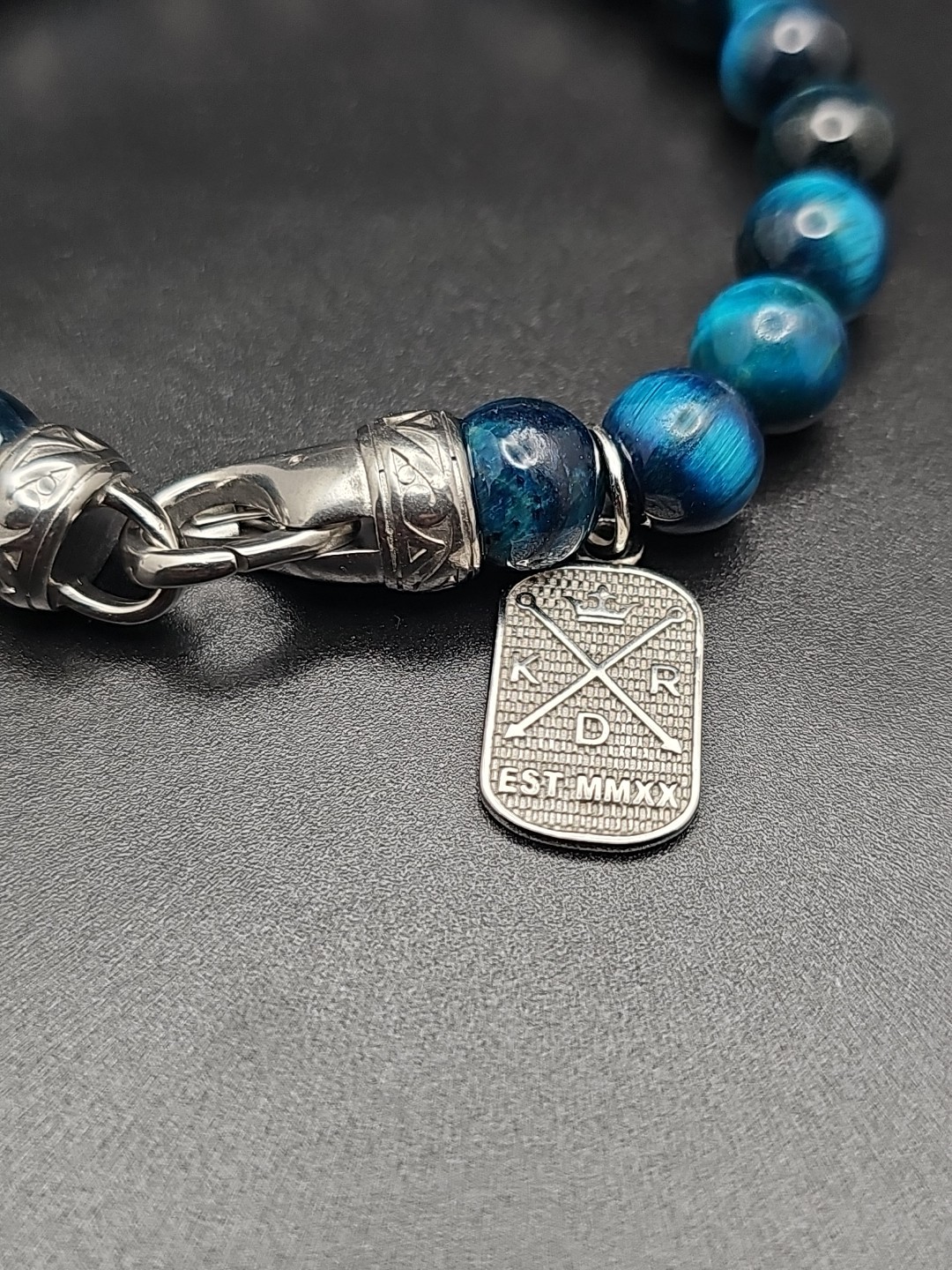 10mm Hand Made Deep Blue Tigers Eye Beaded Bracelet with Stainless Steel Clasp