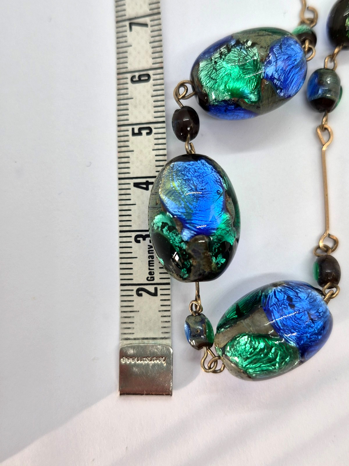 Vintage Art Deco Venetian Green, Blue & Black Foil Glass Bead Necklace 18″