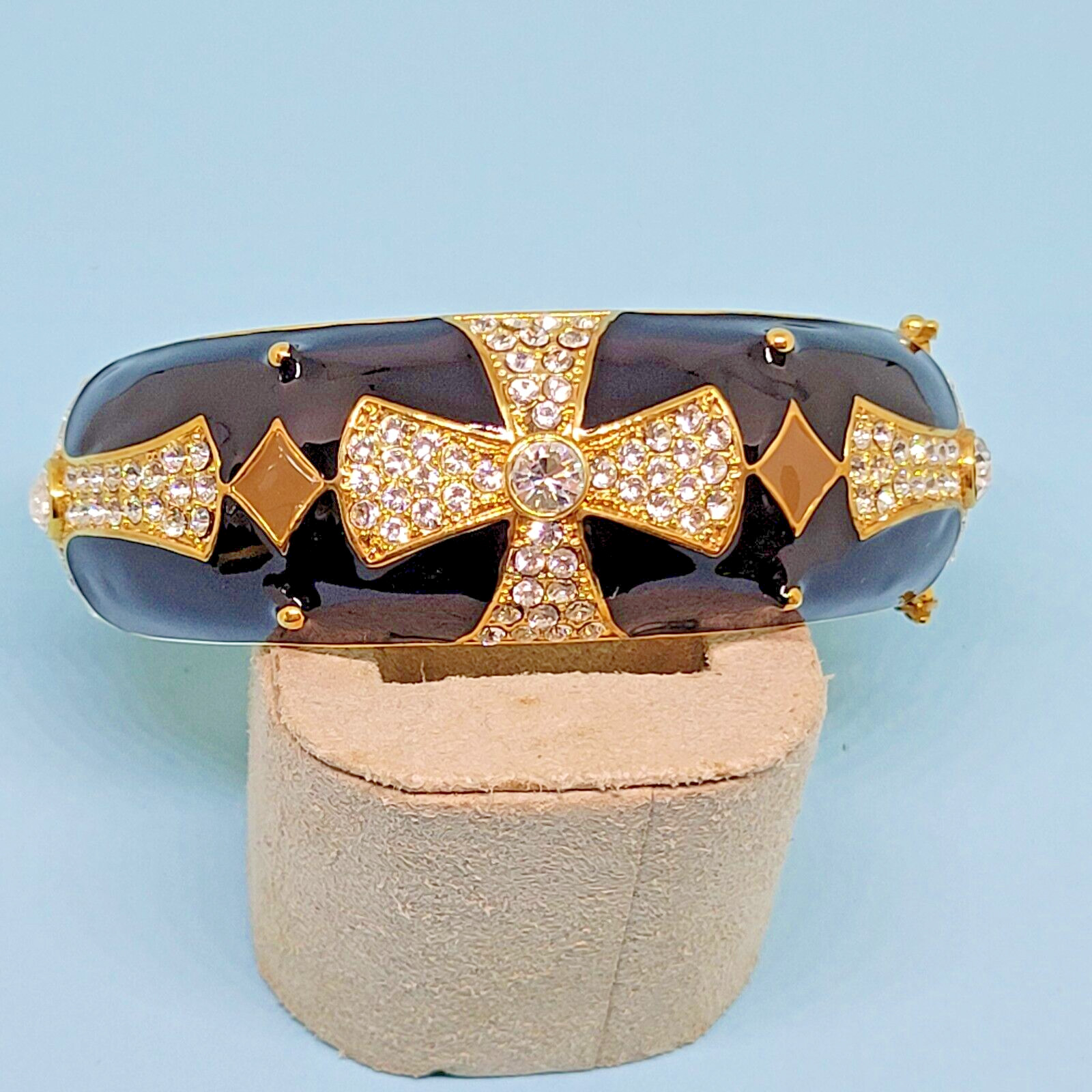 Joan Boyce Gold Tone Black Enamel Crystal Maltese Cross Hinged Bangle Bracelet