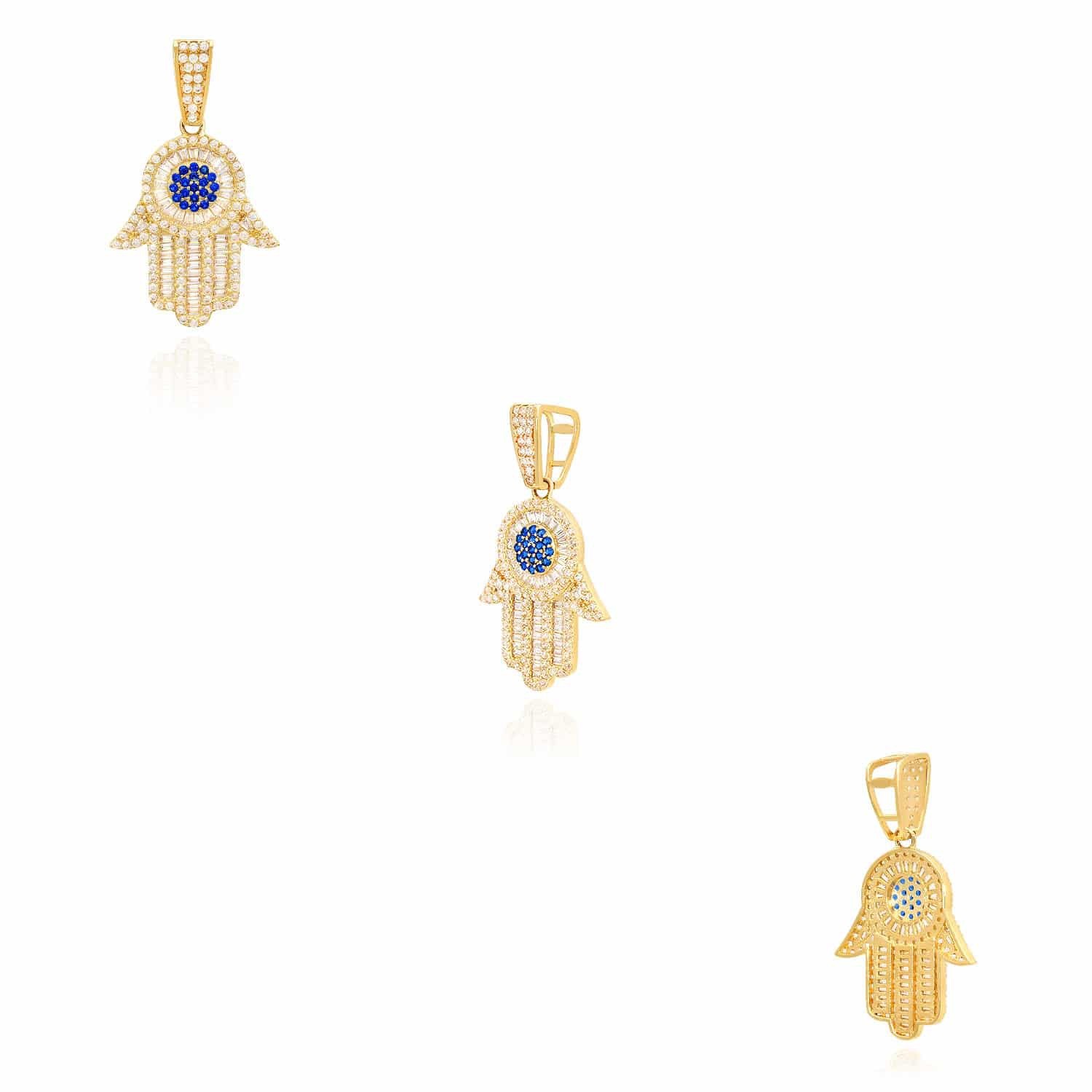 14K Yellow Gold Simulated Baguette Diamond Sapphire Hamsa Charm Pendant 1.6″