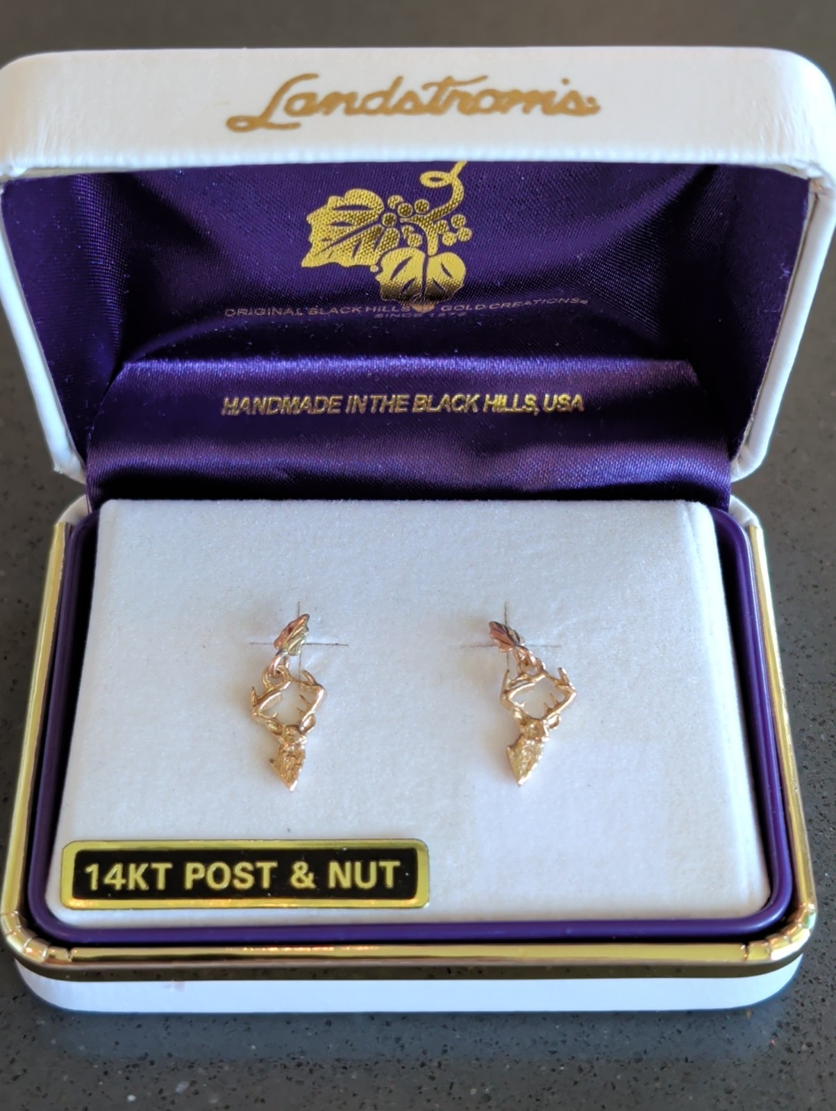 Landstrom’s Tri Color Black Hills Gold Post Earrings 14K Post & Nut Deer Q103