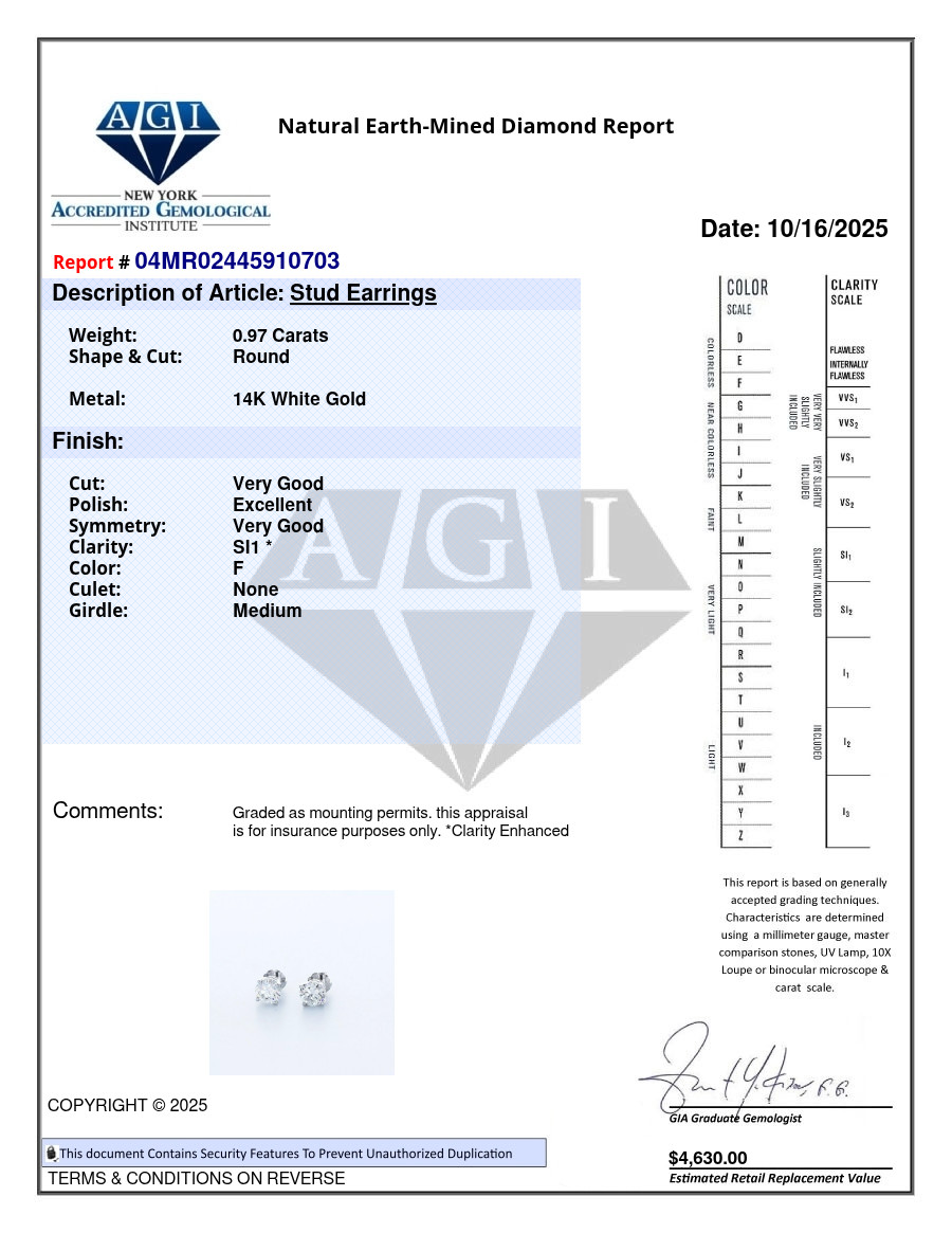 Stud Earrings Solid 14K White Gold Classic 0.97 CT Round Natural Diamond F SI1