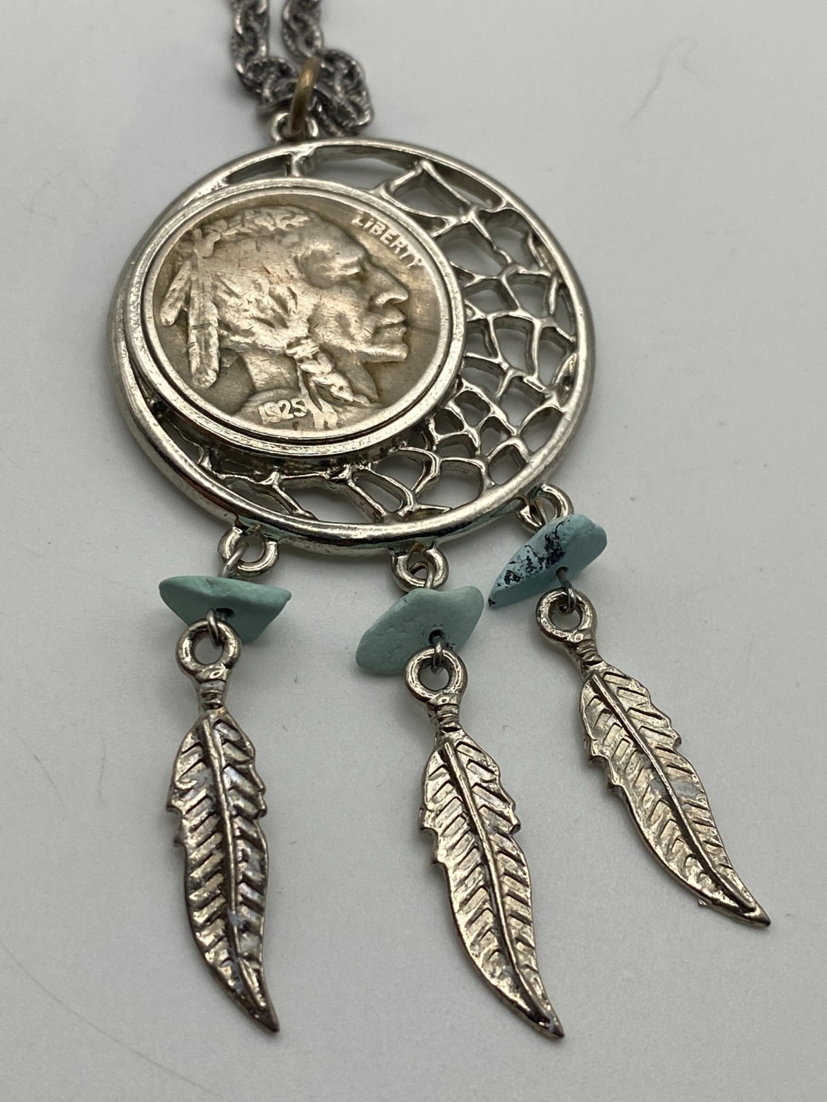 1925 Buffalo Nickel Dream Catcher Pendant 24″ Chain Silver Tone Metal Chain