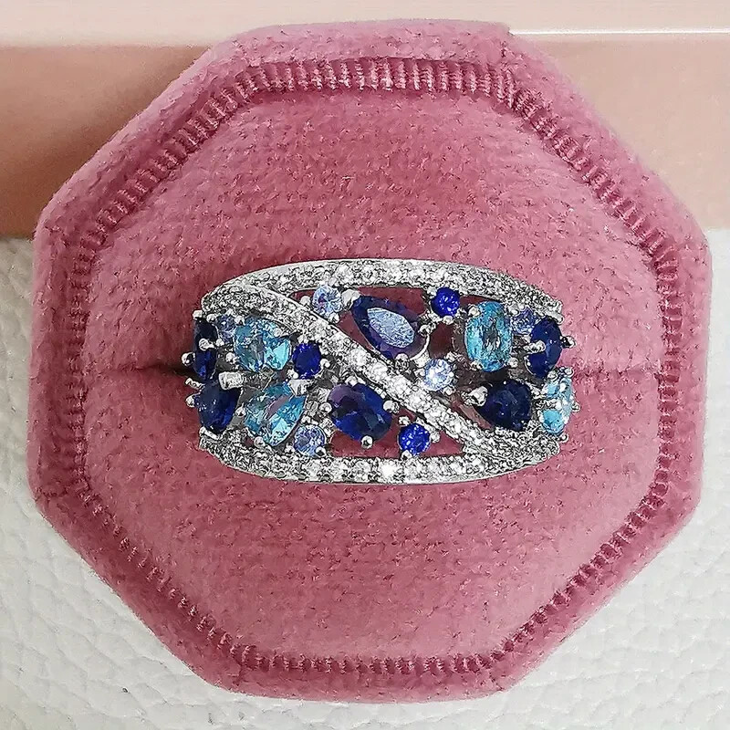 Elegant 925 Sterling Silver Blue White Topaz Wedding Engagement Ring Size 9