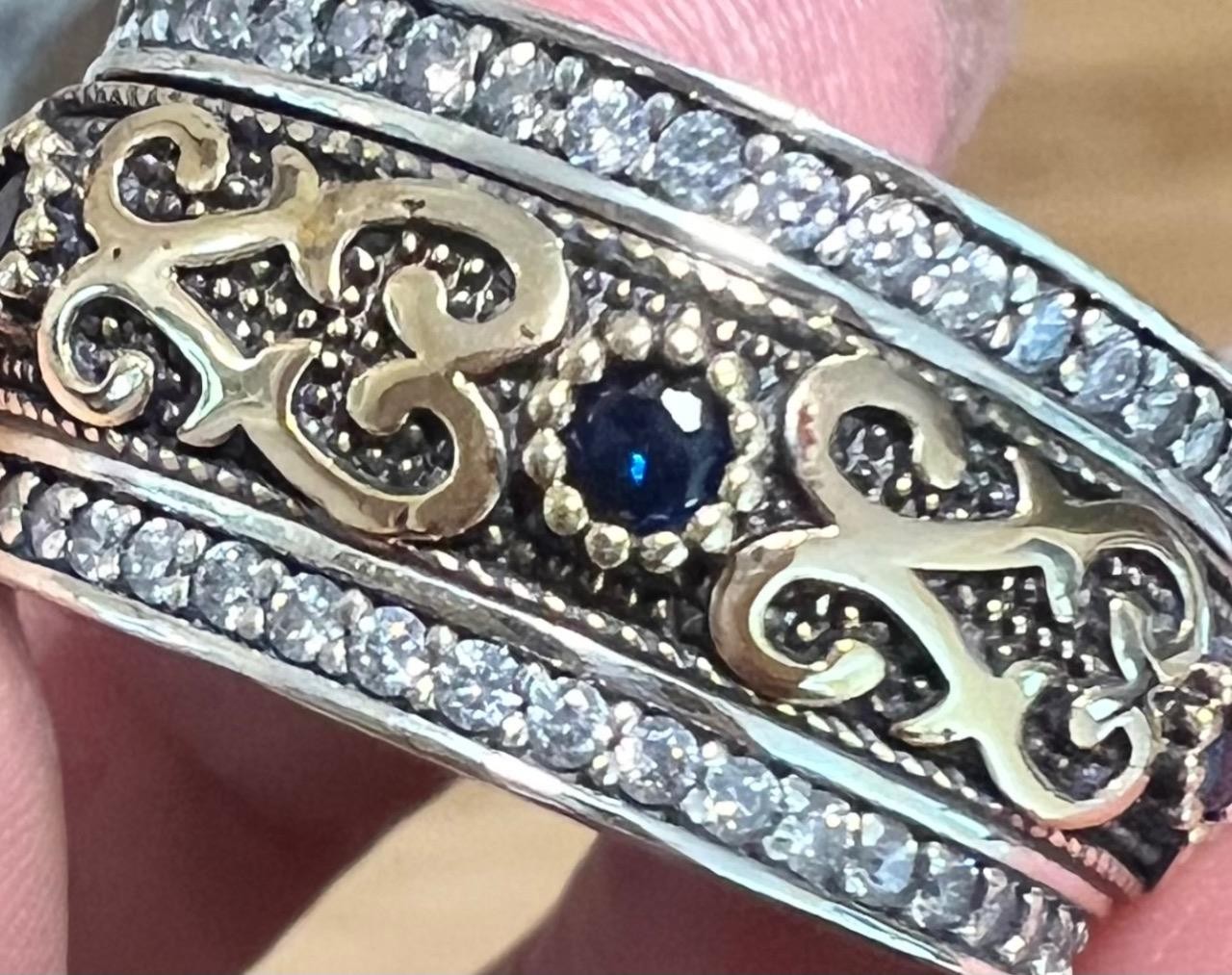 REAL Diamond Sapphire BAND SOLID 14K Y Gold 925 Ring SZ 11 Etruscan Rev Infinity