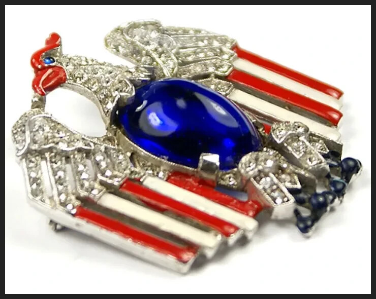 TRIFARI Alfred Philippe WW2 US Patriotic Enamel & Cabochon Belly Eagle Pin
