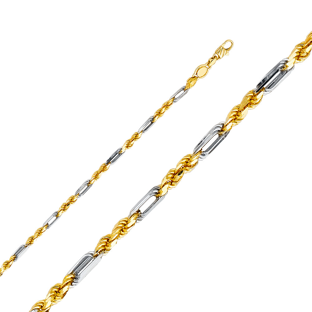 14K Two Tone Solid Gold 3.5mm Figarope Chain Necklace with Lobster Clasp