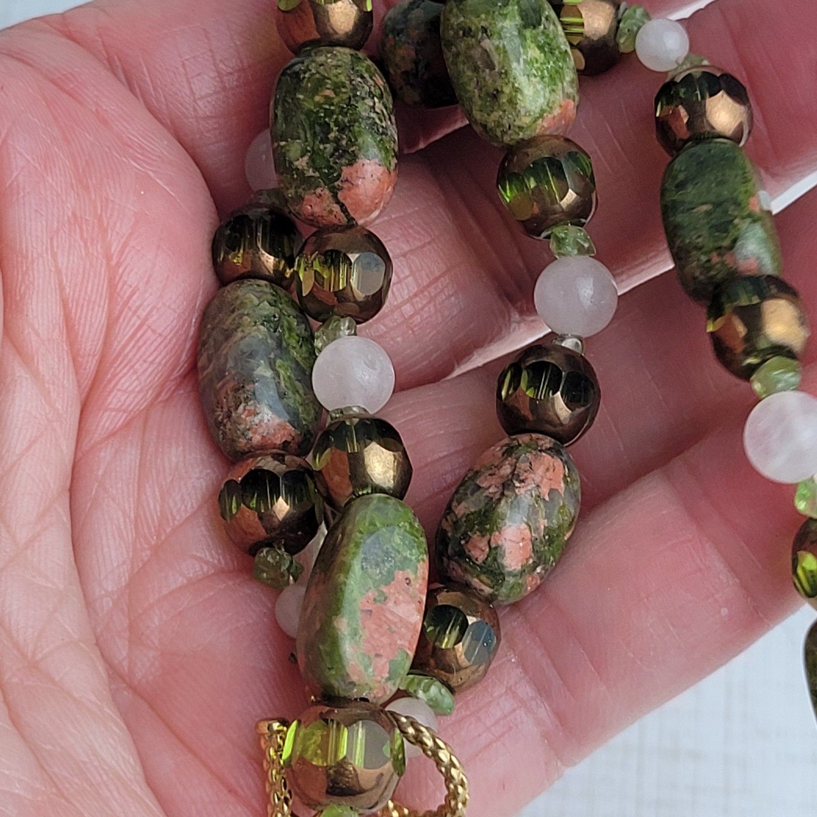 Green and Adobe Pink Color Stone Glass Bead Necklace 17″ Artisan Made