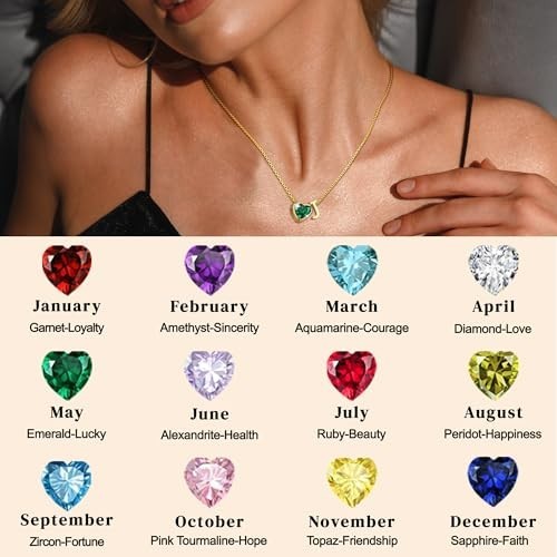Heart Birthstone Initial Necklace – 14K Gold Plated A-Z Jewelry Gift for Women &