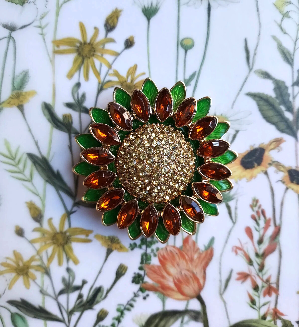 Heirloom Sunflower metal and crystal MAGNETIC brooch. Sunflower pin free clasp
