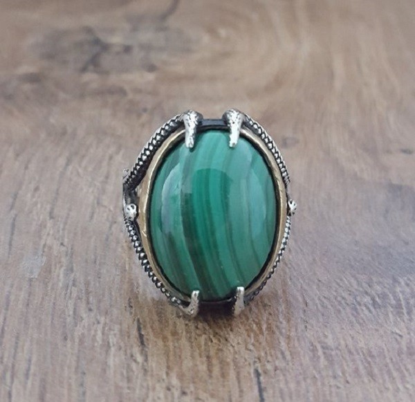 Solid 925 Sterling Silver Natural Green Malachite Gemstone Men’s Unisex Ring