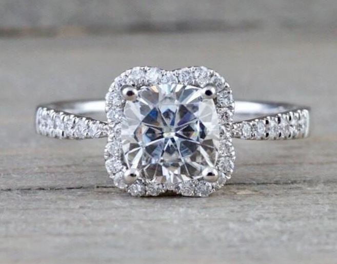 2.40Ct Cushion Moissanite Halo Engagement Ring Pavé Band 14k White Gold Plated