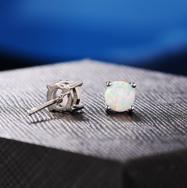 Round White Small Blue Fire Opal 925 Sterling Silver Stud Post Earrings 4mm PE19