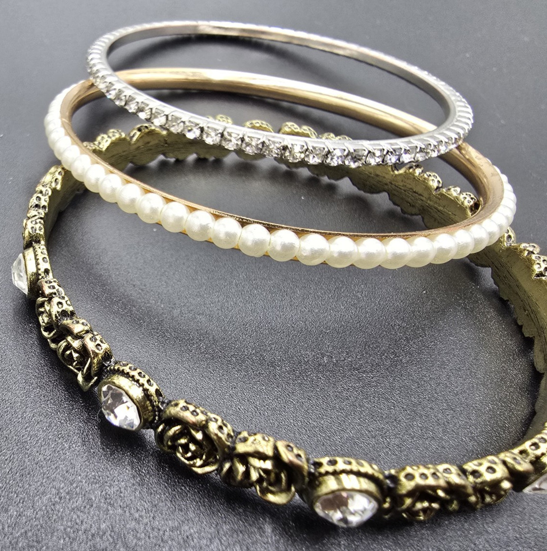 3 pc Mixed Brasstone White Bead Bracelet SET (B4) FLOWERS AND ELEGANCE
