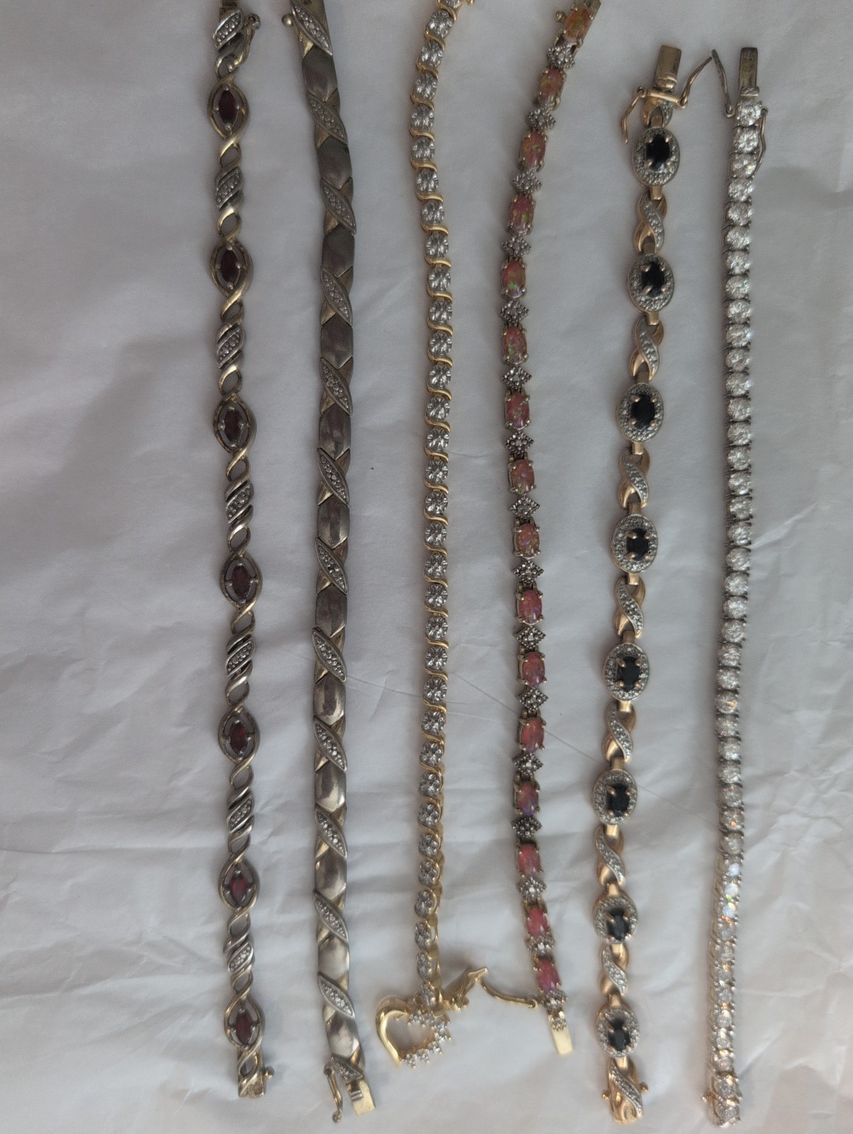 Vintage Sterling Silver 925 Bracelet Lot 6 Pc 75g Tennis Opal Garnet Rhinestone