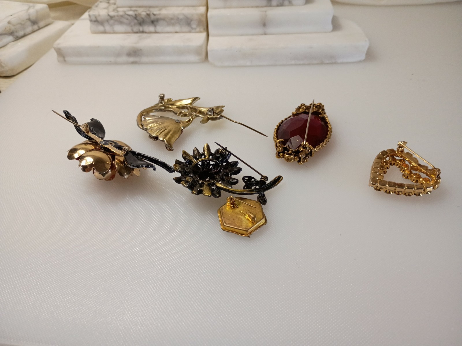 Vintage To Current Brooches Lot of 6 Rhinestone Glass Enamel Paint Gold Fill