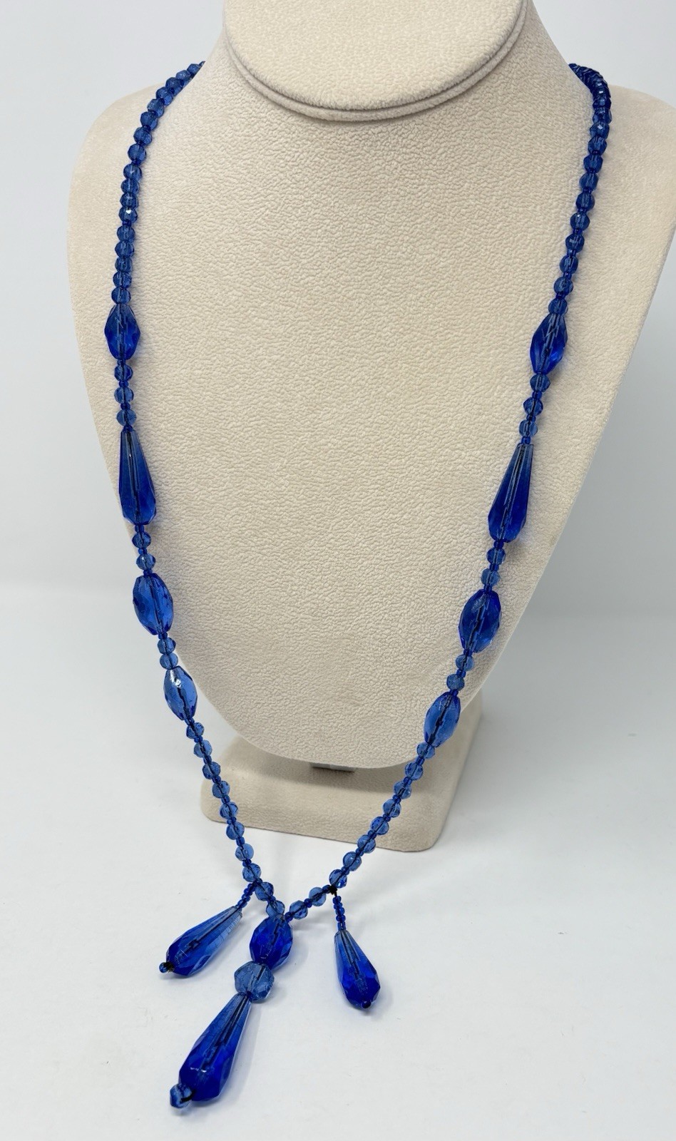 Antique Art Deco Blue Glass Bead Necklace Sautoir Flapper Teardrop 30″