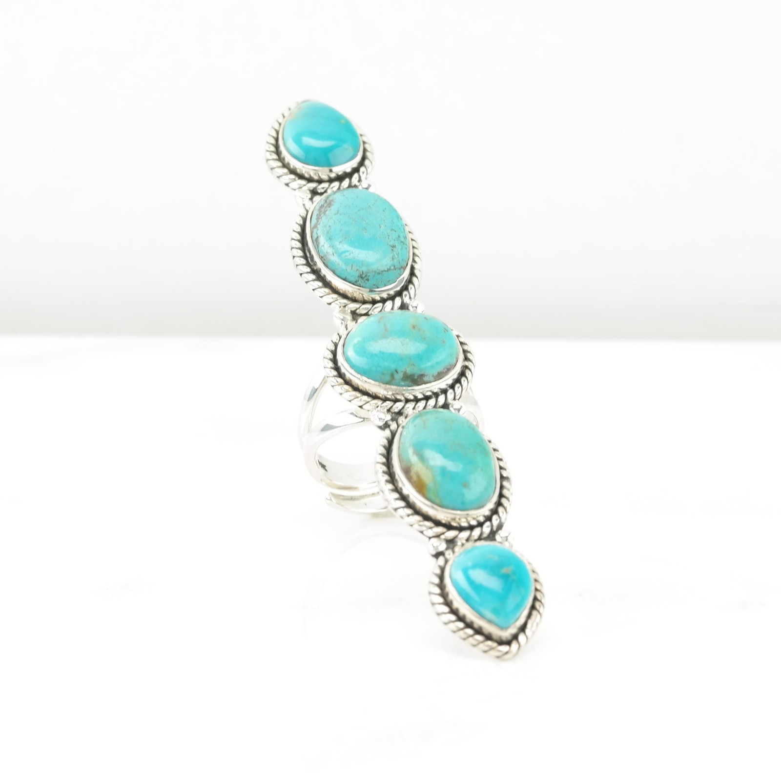 Long Turquoise Adjustable Sterling Silver Ring Size 7 1/4 to 13