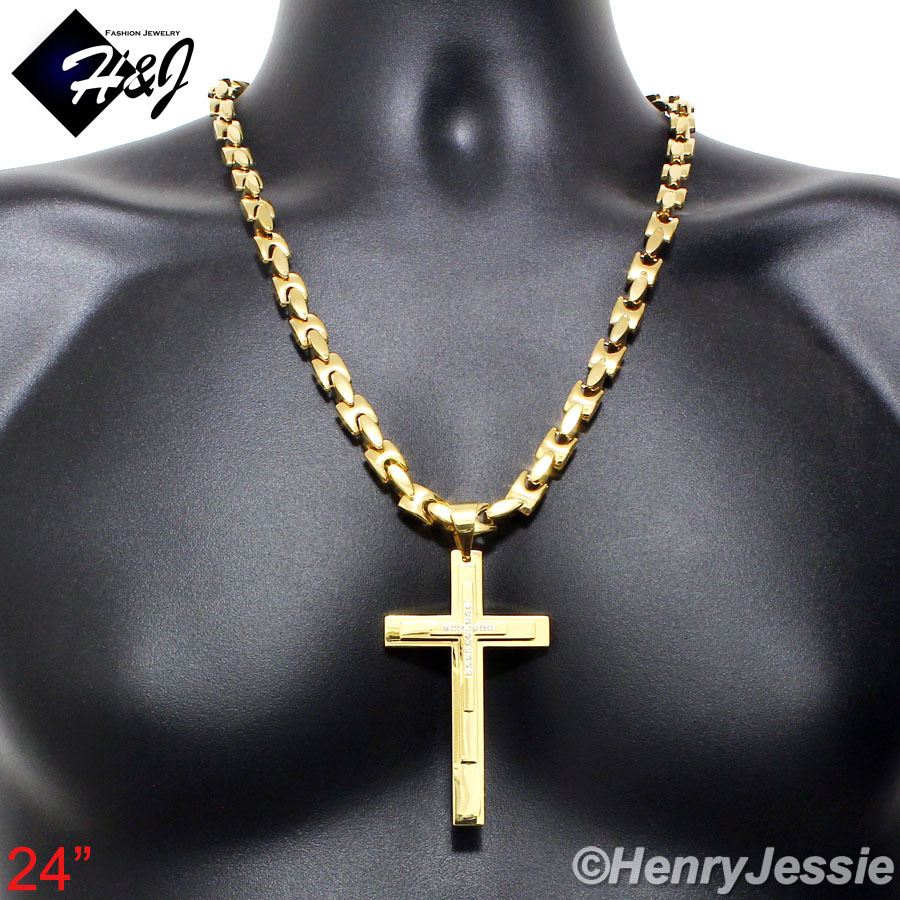 24″MEN Stainless Steel 8mm Gold Interlock Chain Cubic Zirconia Cross Pendant*D23