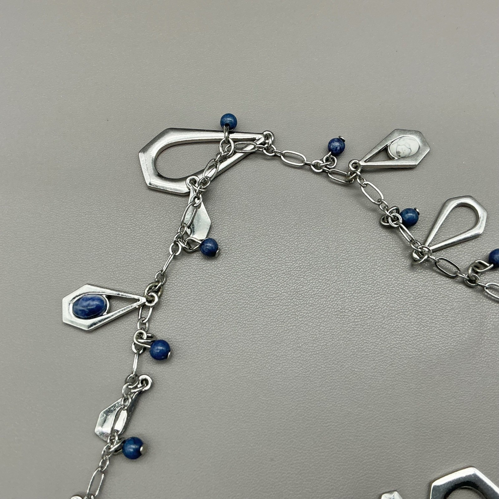 White House Black Market Necklace Silver Tone Blue Bead Charm Dangle Station 36″