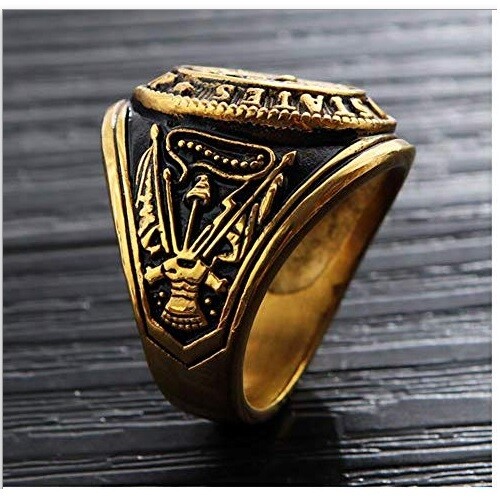 Stainless Steel Gold US Army Ring – Army Seal Biker Ring W/ US Army Flag & Eagle
