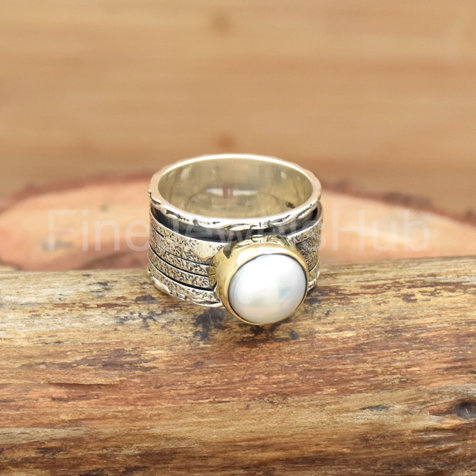 Pearl Silver Spinner Ring, Two Tone Ring, Wide Band Ring, Handmade Women Ring