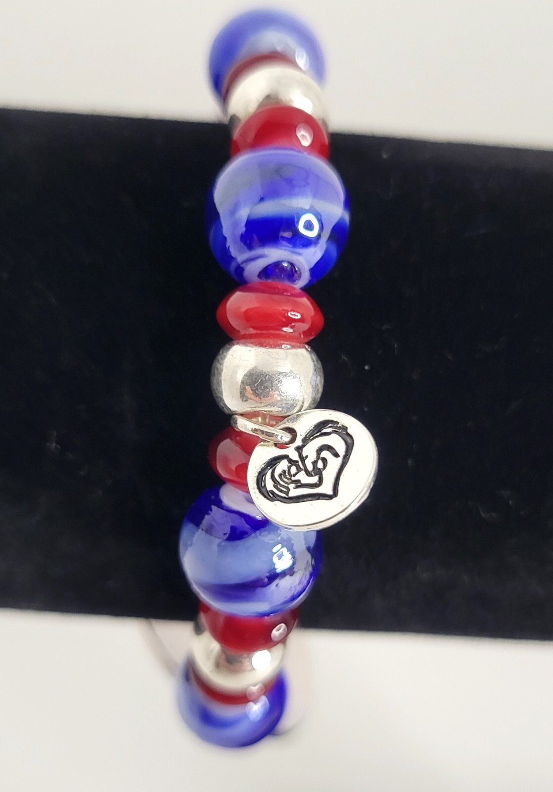 Beaded Horse Pendant Bracelet Silver Red Blue Beads Toggle Clasp 8.5″ Stretch