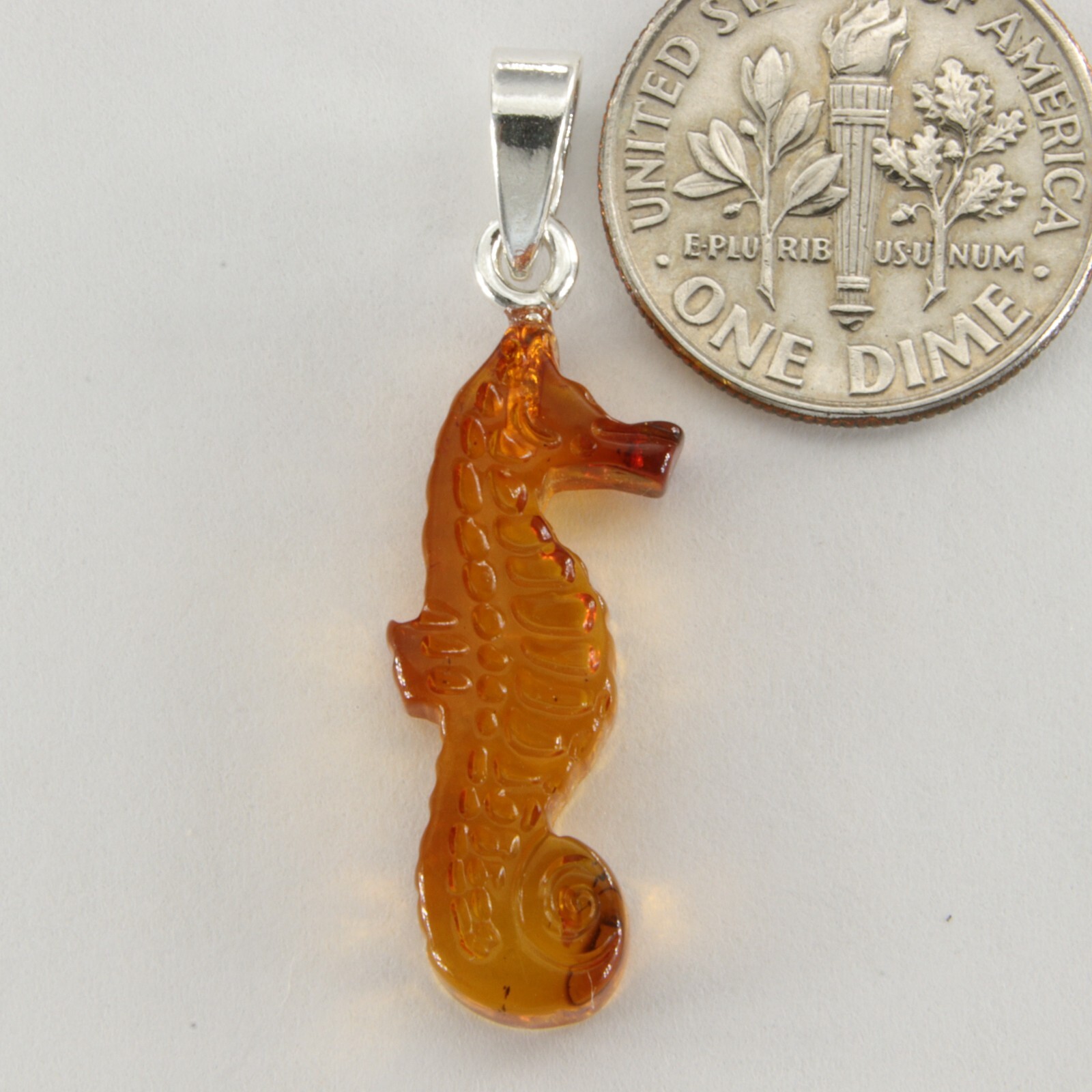 Carved BALTIC AMBER Sea Horse Pendant – 925 STERLING SILVER #5709