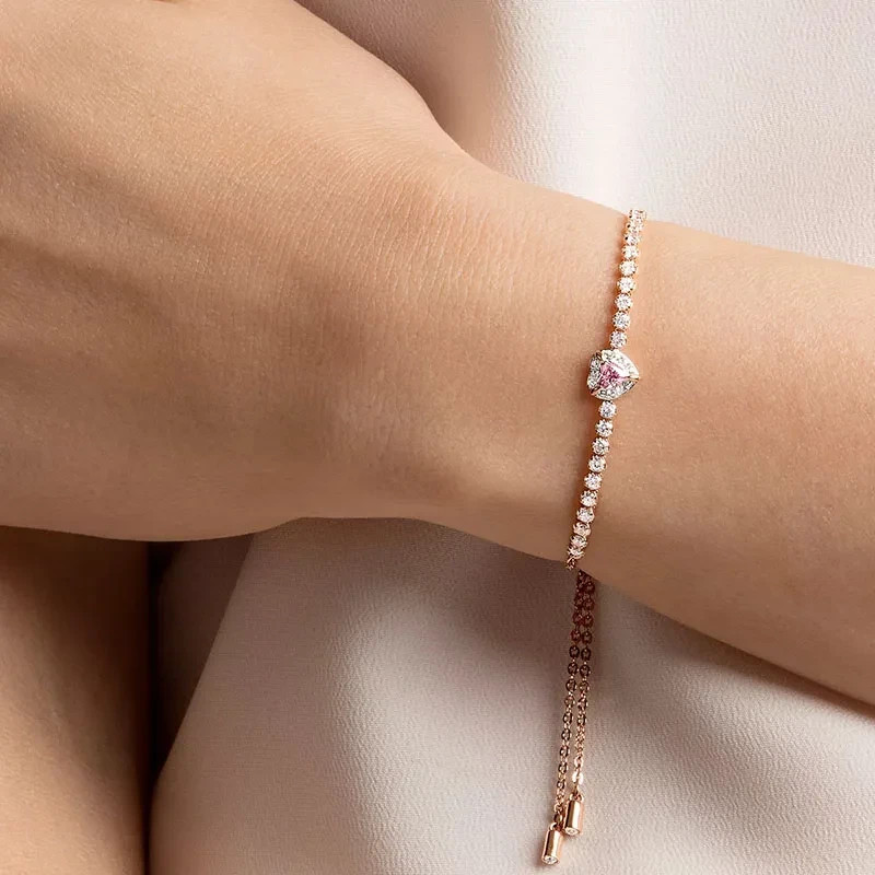 Women’s One Heart Bracelet, Rose Gold Plated, Pink Crystal