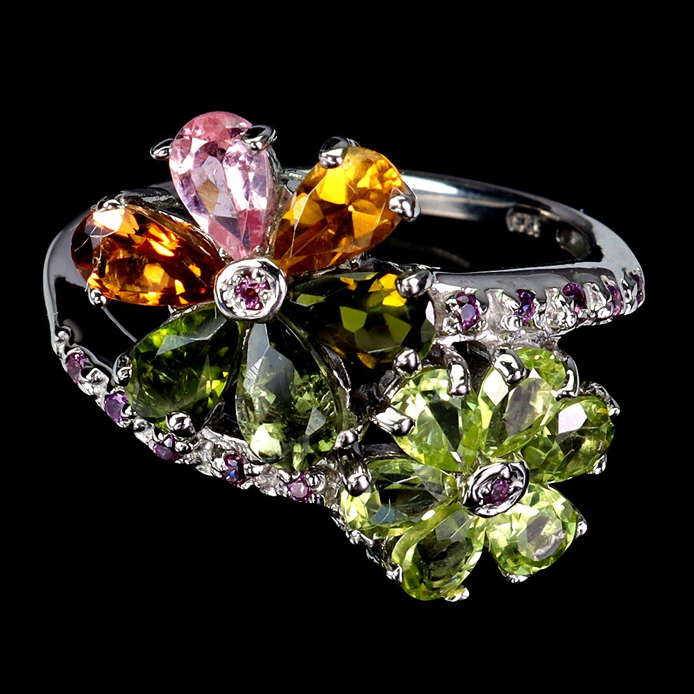 925 Sterling Silver Ring Pear Tourmaline Rhodolite Topaz Gemstone Jewelry Size 7