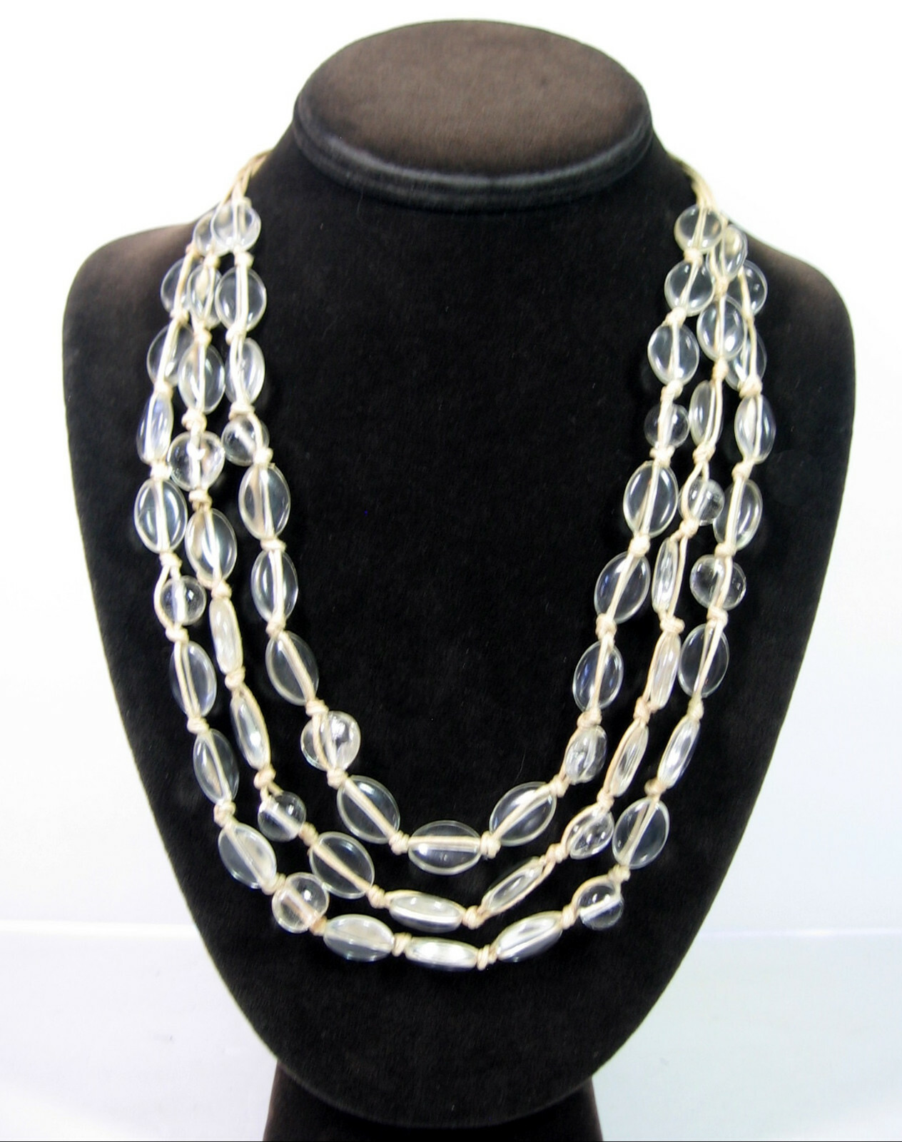 CLEAR GLASS BEAD Necklace Vintage 3 TRIPLE Strand Oval Round Beaded String 22″