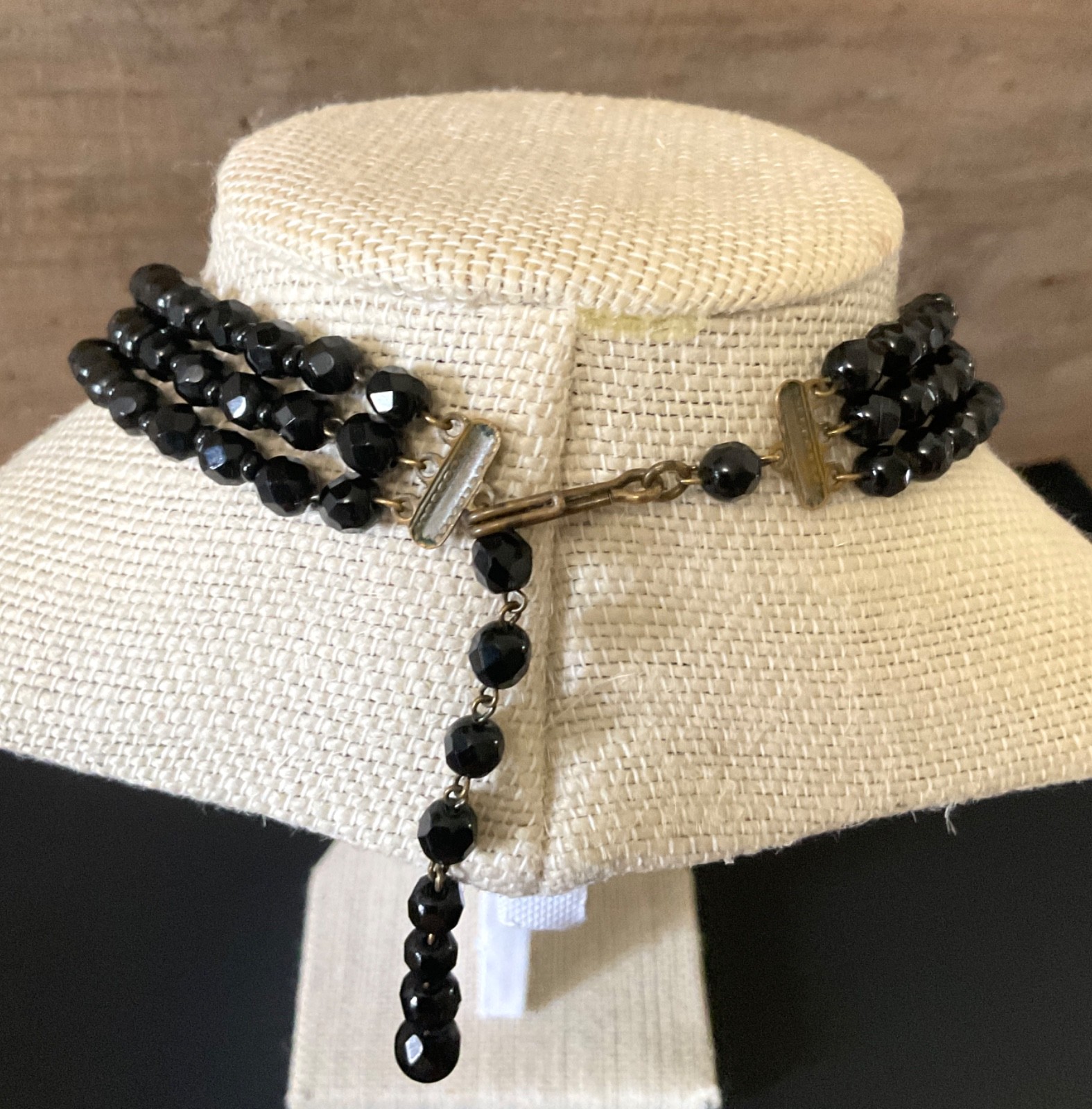 Vintage Black Glass Beaded Necklace Art Deco Adjustable Choker Antique Jewelry