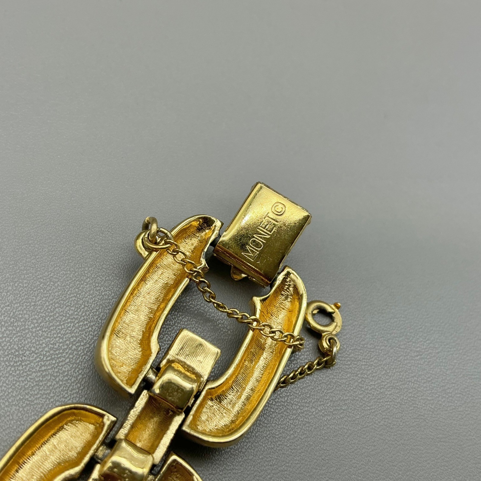 Monet Bracelet Vintage Gold Tone Brushed Wide Link Chain Safety Clasp 7.5 In