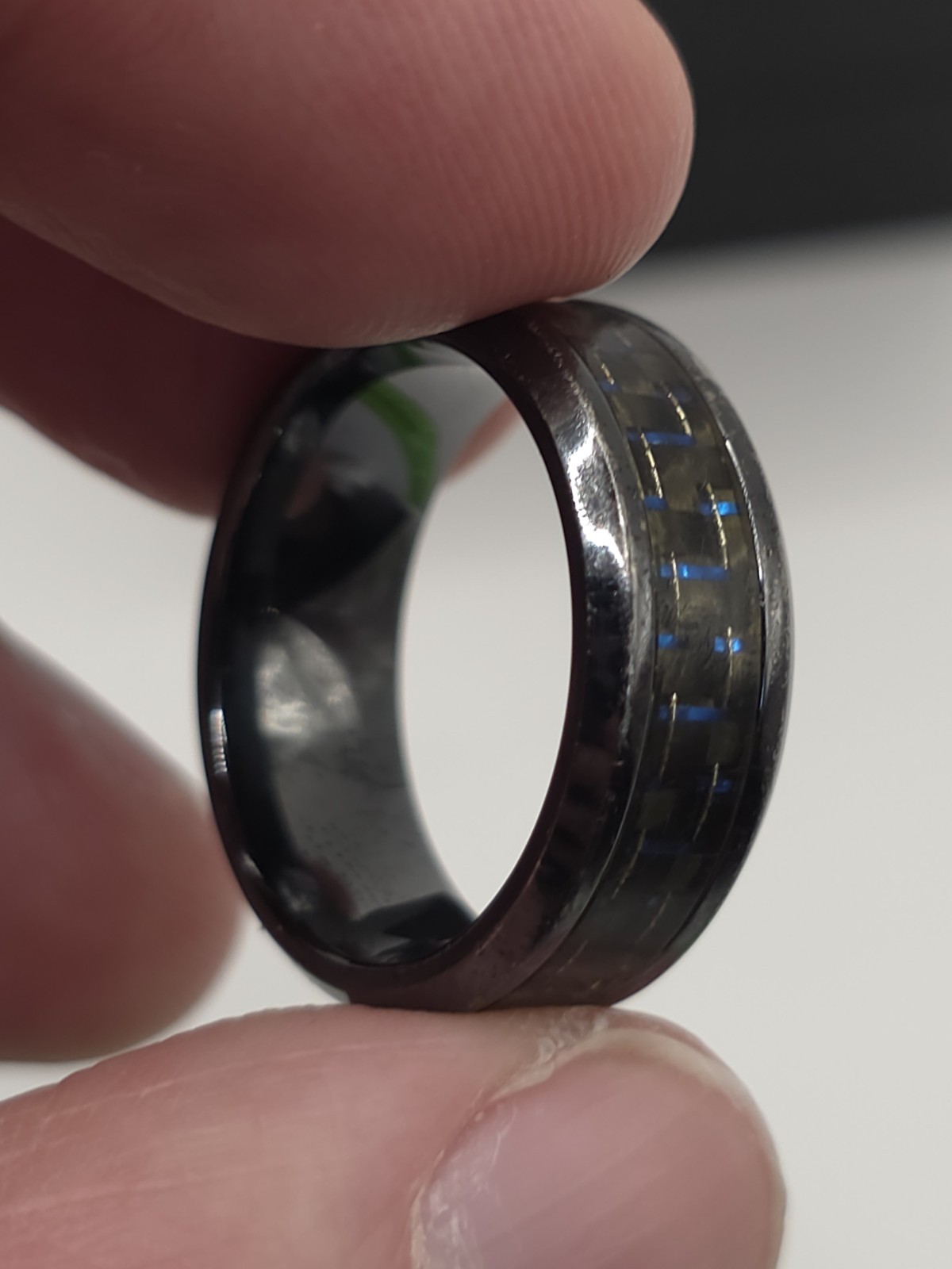 Triton Titanium Wedding Band Ring Approx Size 11 8mm Carbon Fiber Blue Inlay Box