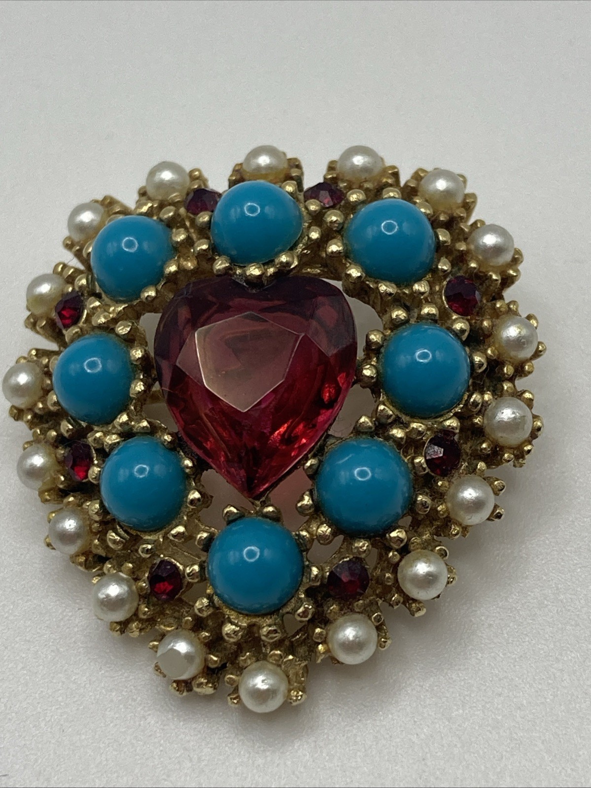 Smaller Vintage R Mandle Faux Ruby Pearl & Turquoise Heart Brooch Scarce!