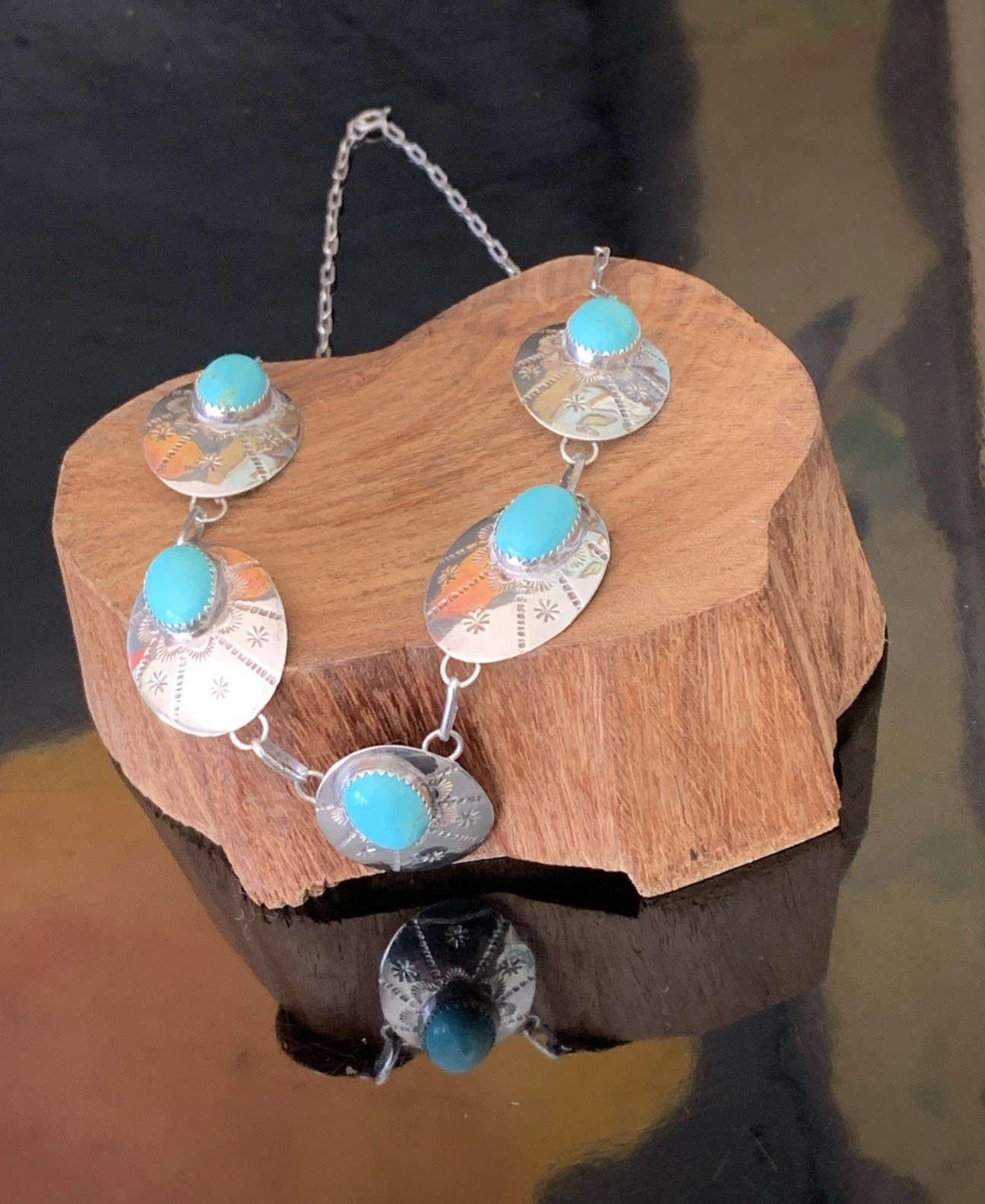 Southwestern Turquoise Stamp Work Sterling Silver Lariat Concho Necklace Vintage
