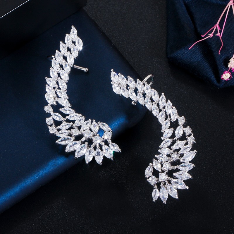 Silver Plated Cubic Zircon Symmetrical Stud Ear Cuff Climber Earrings for Women