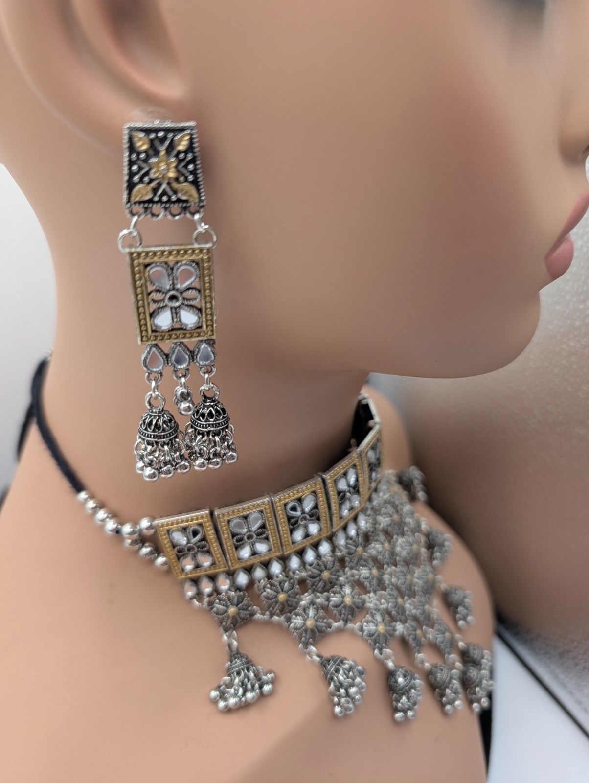 See Noor Dual Tone Fusion Style Necklace Set with Jhumka Bells
