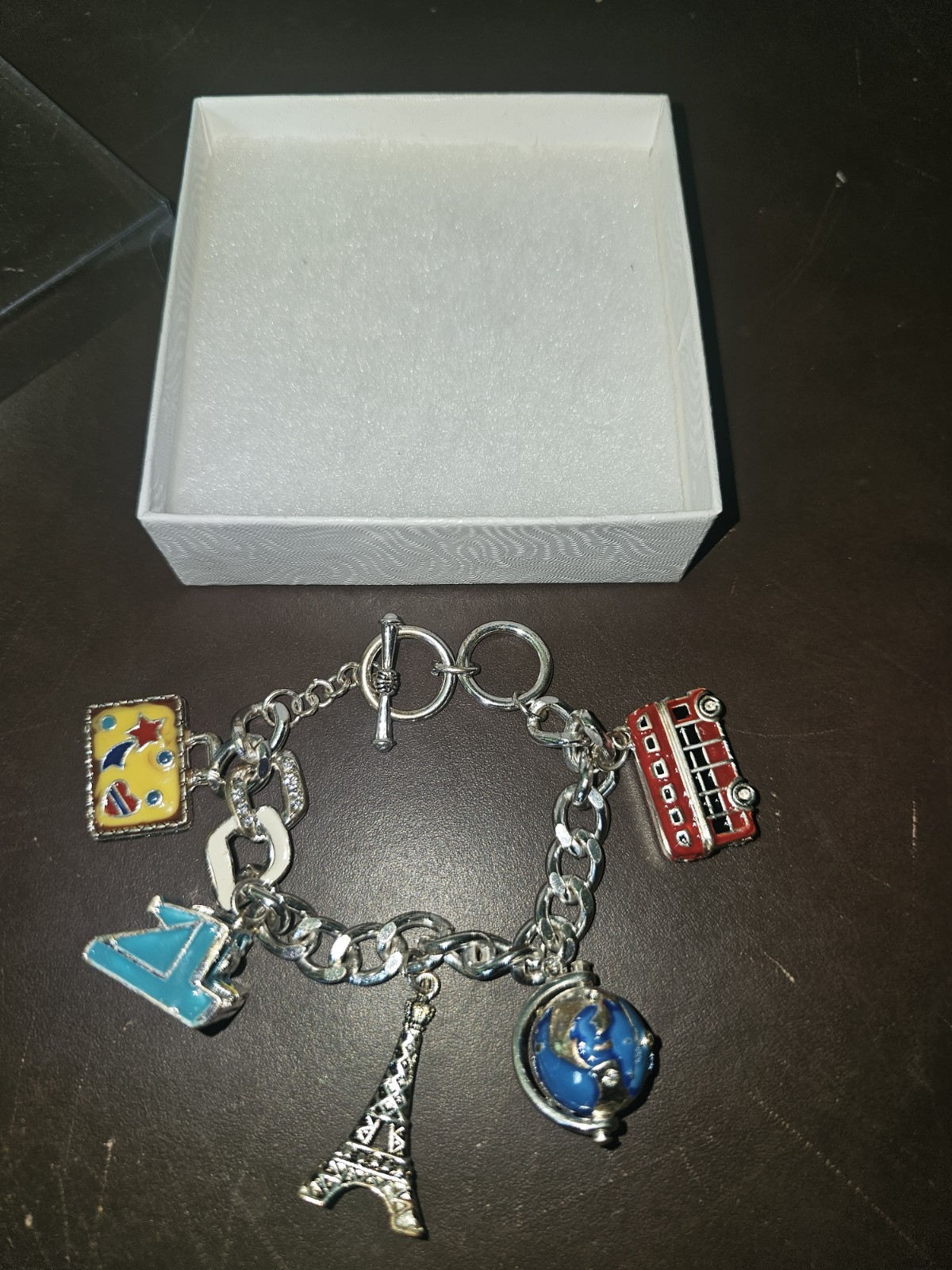 European Travel Themed Charm Bracelet w/ 5 Charms, Mixed Metals, 8” Toggle Clasp