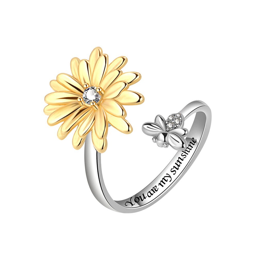 Daisy Flower Bee Anxiety Fidget Spinner Ring in Solid Copper