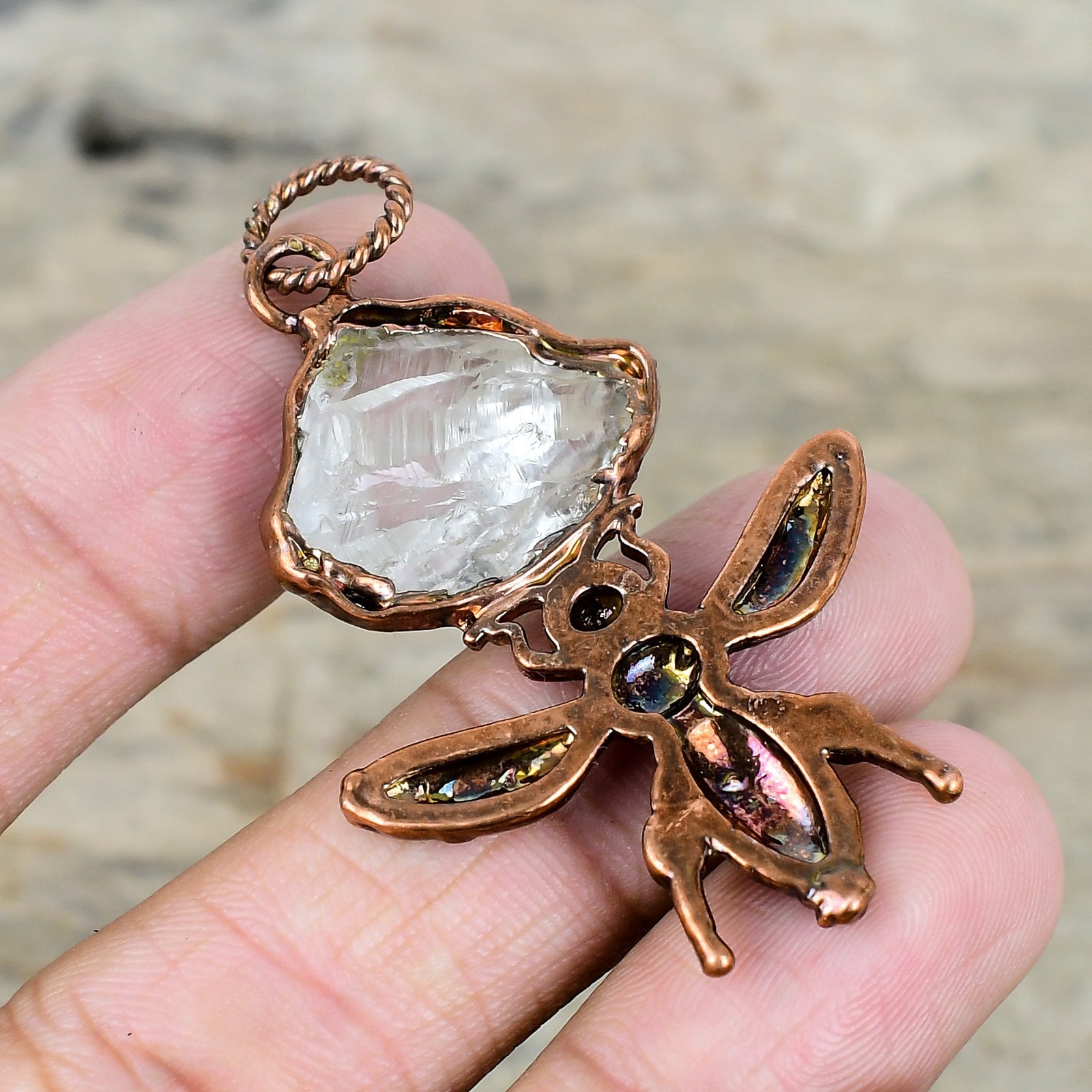 Natural White Topaz Rough New Electroformed And Honey Bee Pendant Jewelry Copper