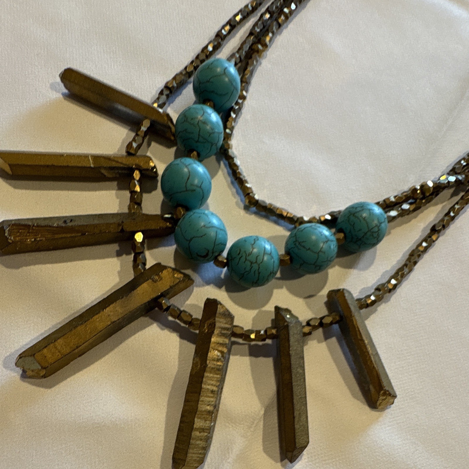 Blue Beaded Multi-Strand Bohemian Statement Necklace Gold-Tone Bar Charm