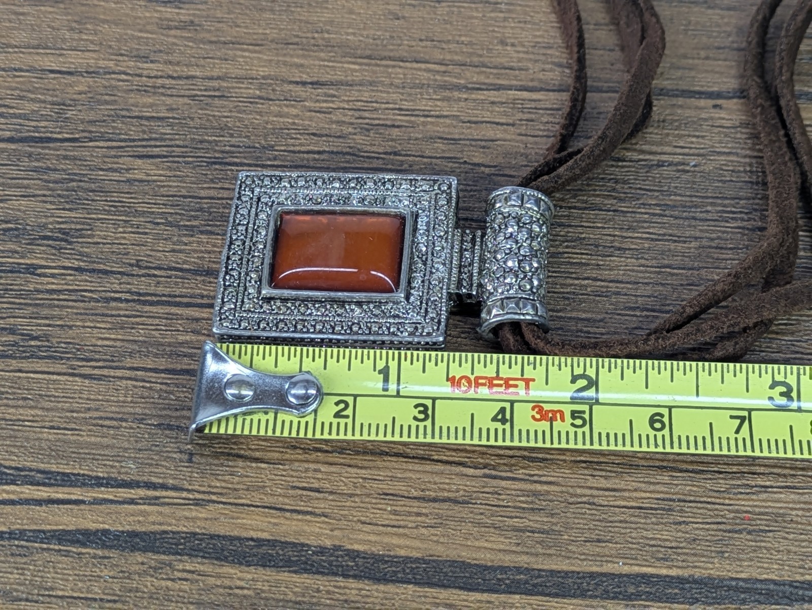 Vintage – 18″ Square Enamel Pendant Necklace, Triple Leather Stranded Chain